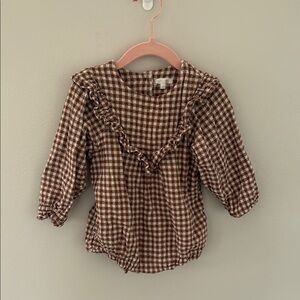 Rylee + Cru Brown Blouse with Gingham Pattern